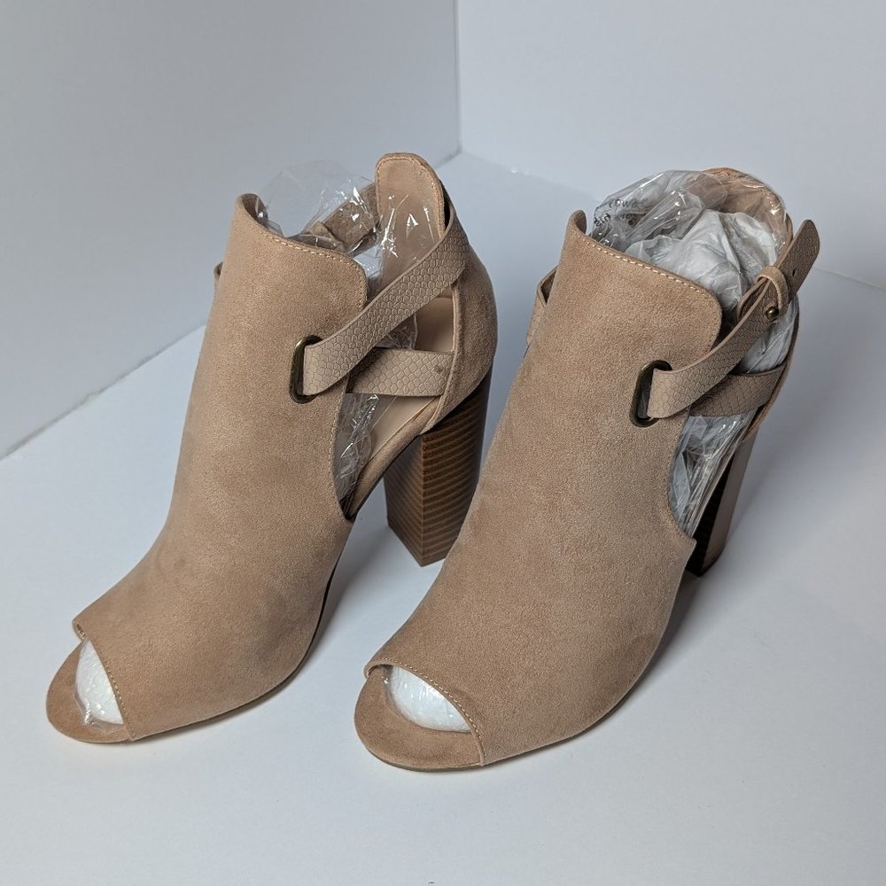 Khaki Peep-Toe Wedge Heel Boots